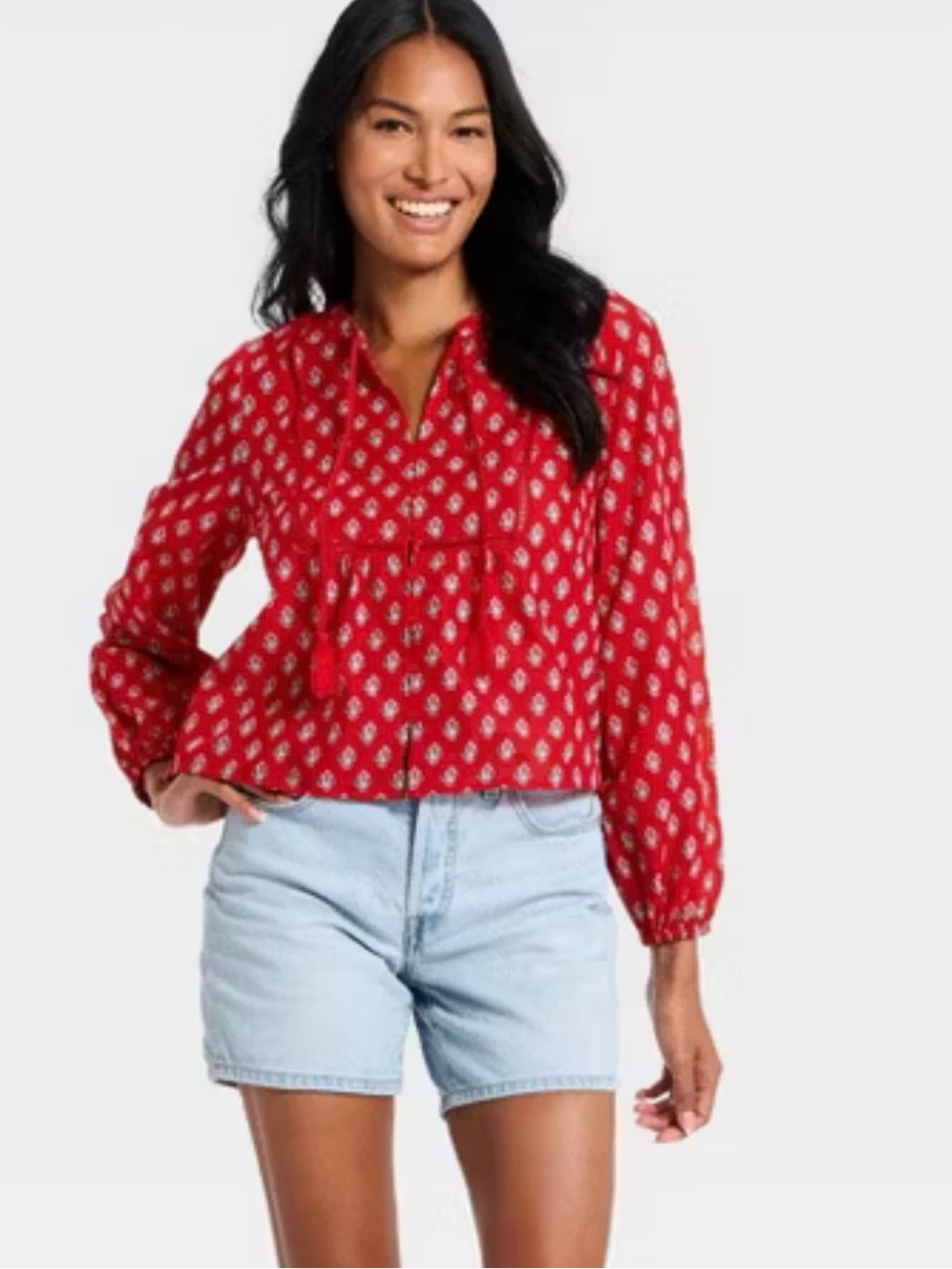 Red Printed Long Sleeve Crop Top